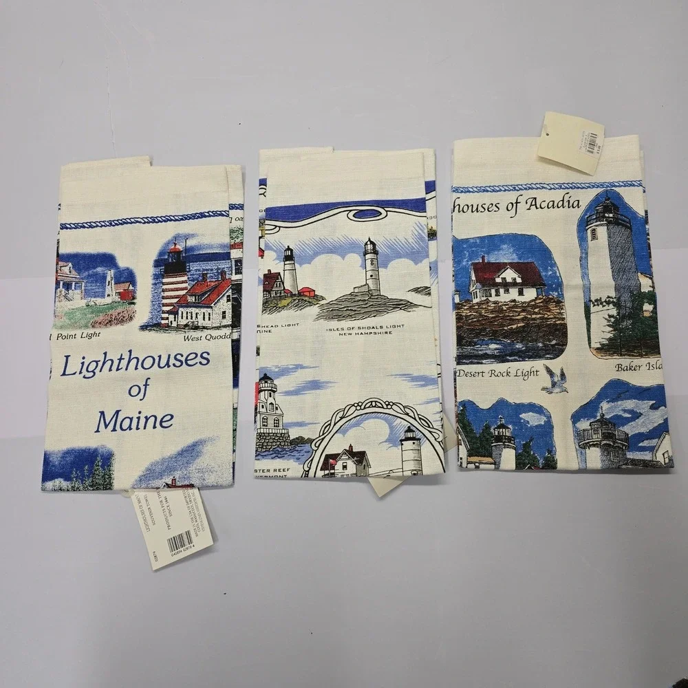 Linen New England Lighthouses Tea Towel Set‎ of 3 Maine Acadia Souvenir NWT